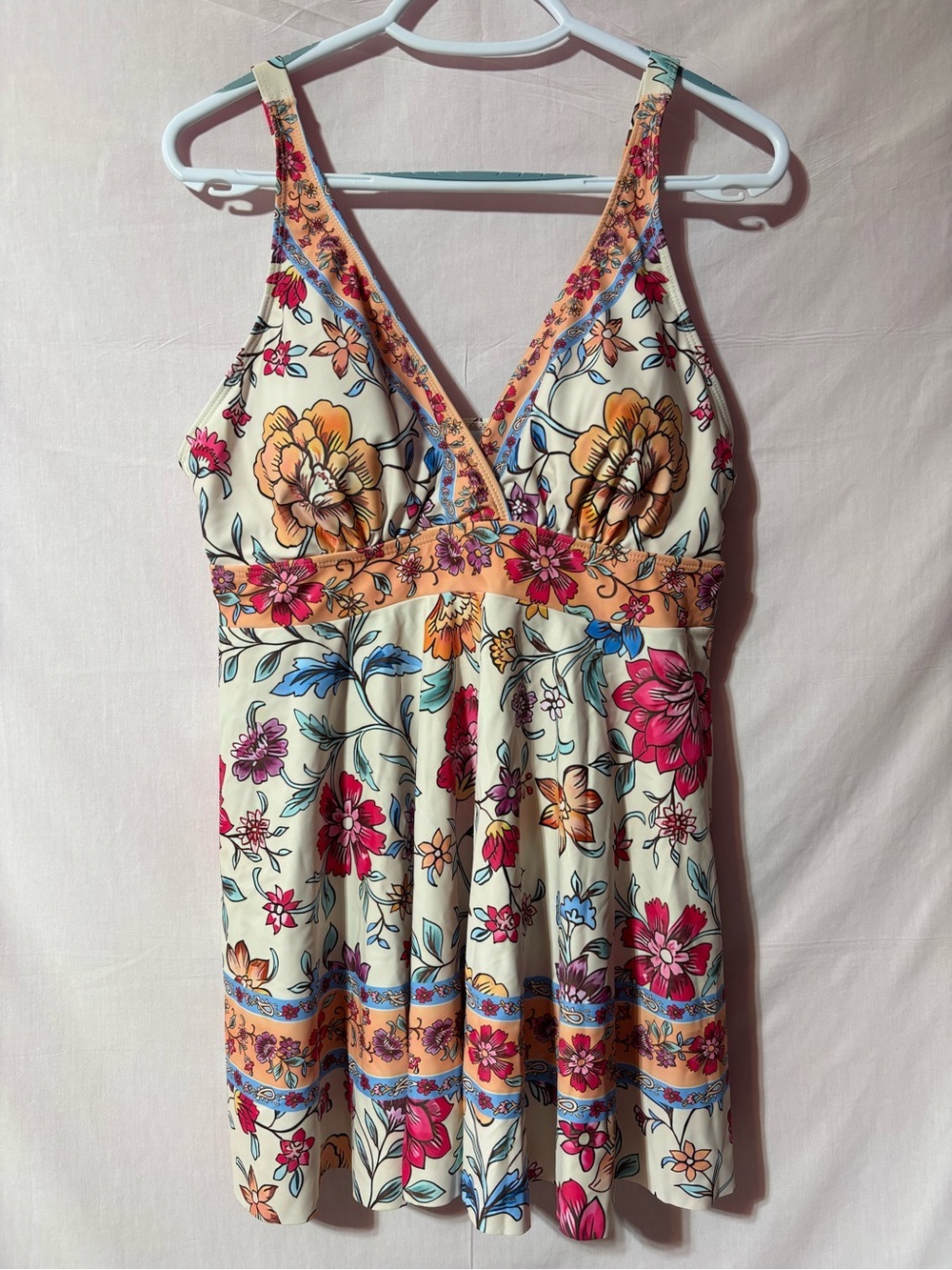 SHEIN Cream Floral V-Neck Swim Dress with Pink, Orange, Blue Accents